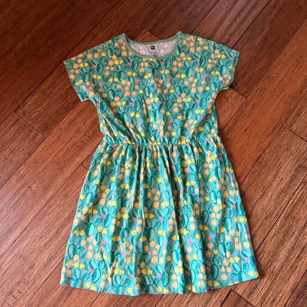 Tea Collection Girls Green Cactus Floral Cotton Jersey Short Sleeve Dress 14